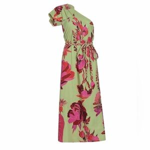 FARM Rio One-Shoulder Dress in Green and Pink Floral